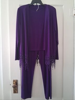 💜 Matana 3‑Piece Purple Cardigan Set – M – Crochet‑Look Hem & Fringe Detail